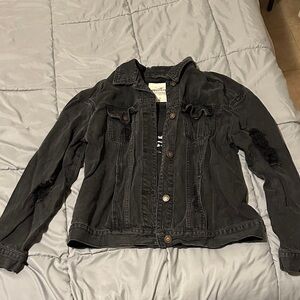 Black Distressed Jean Jacket with Chest Pockets